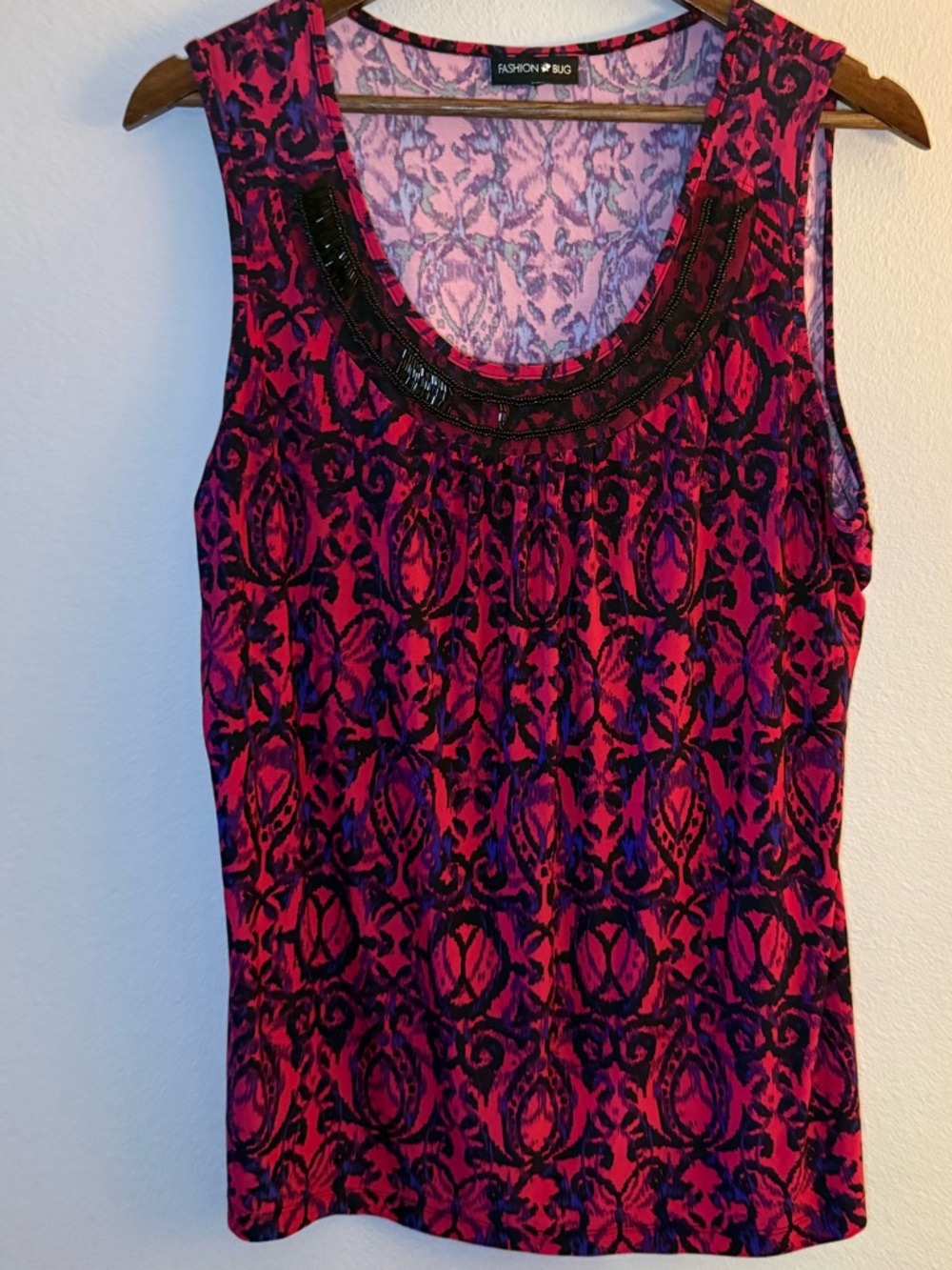 Fashion Bug Beaded Scoop Neck Tank - Pink & Navy Print